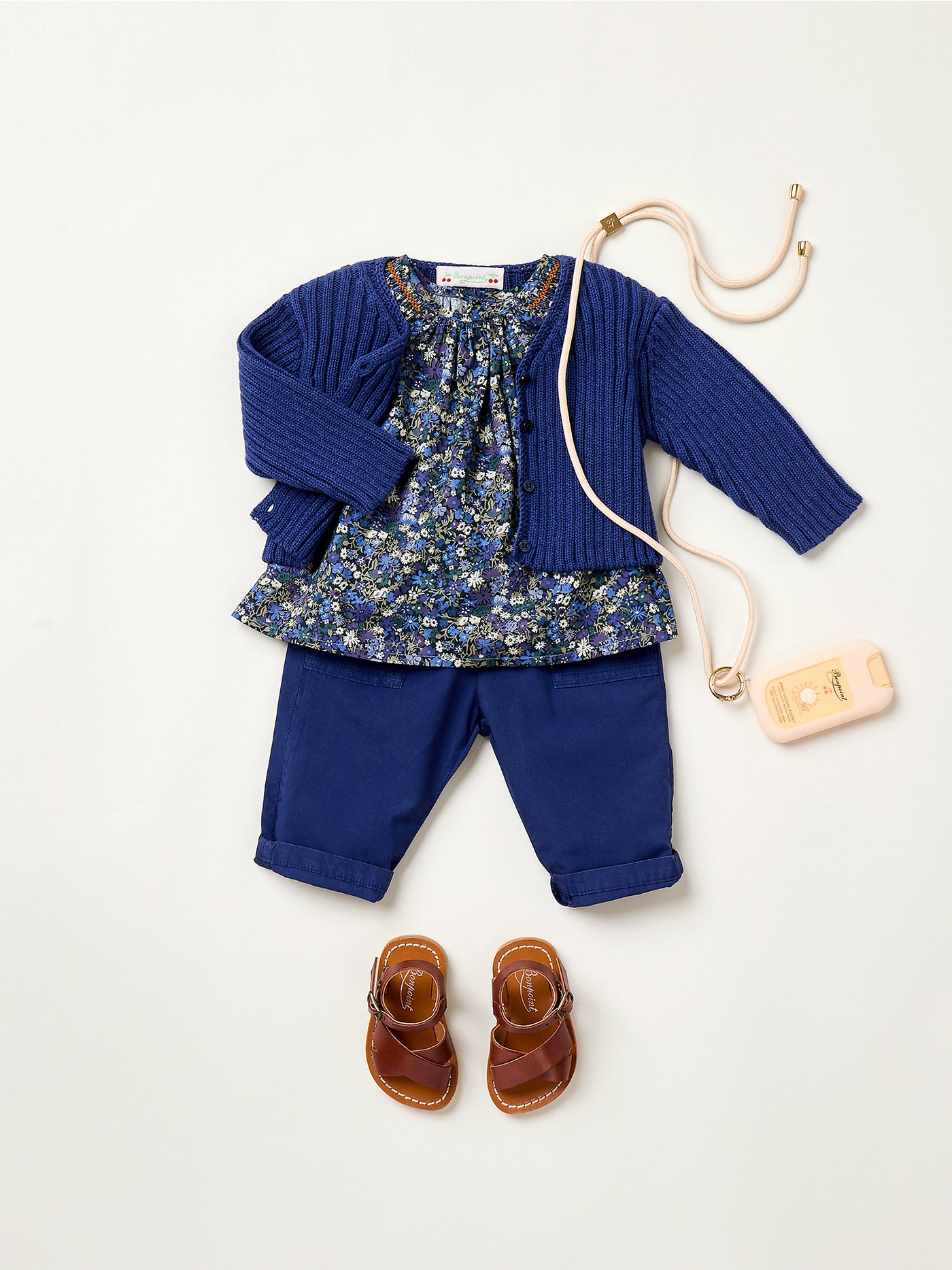 Summer 2025 Baby girl's look - Ruffled-sleeve blouse and blue trousers