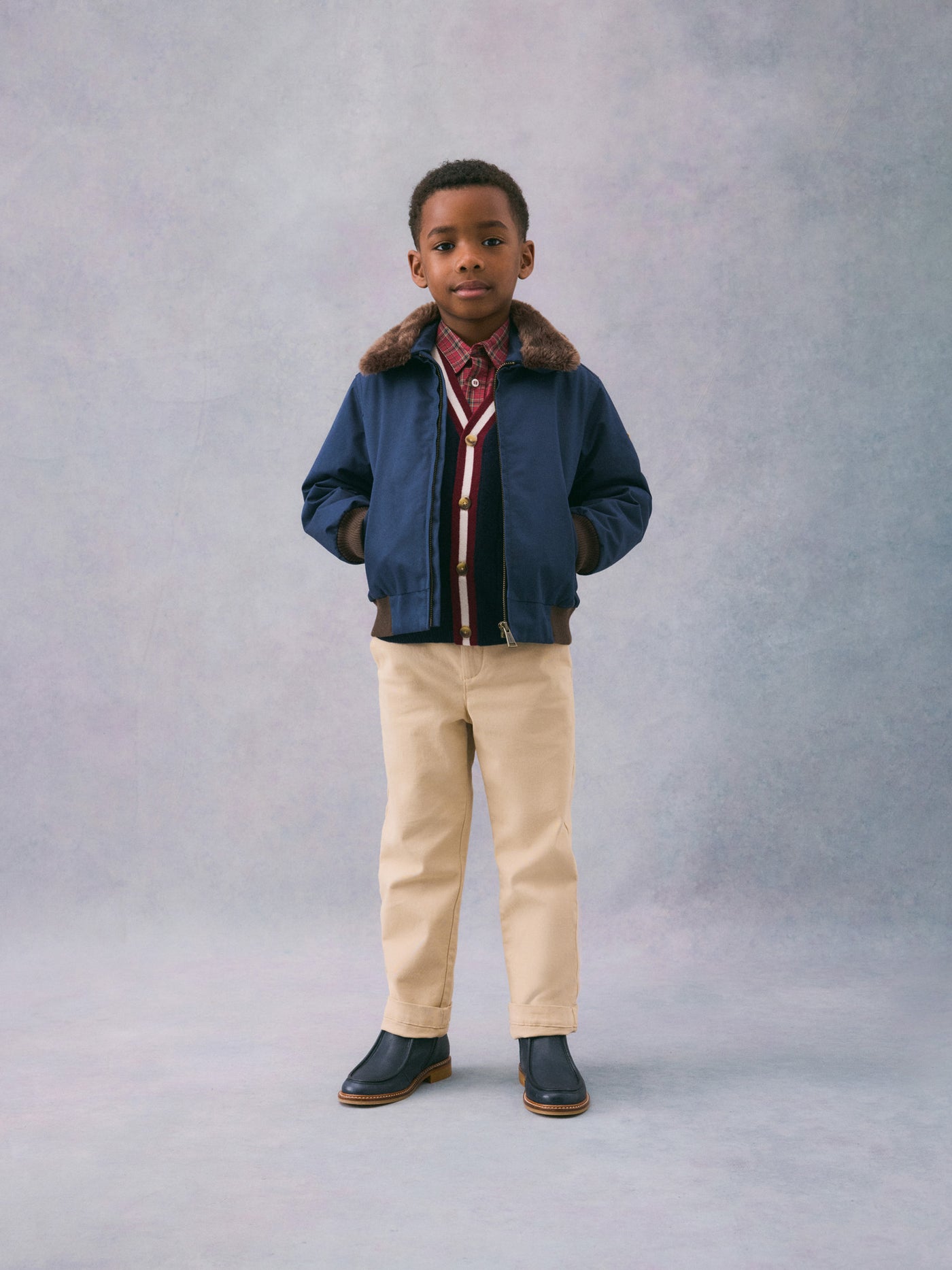 Winter 2024 boy's look blue collared bomber jacket