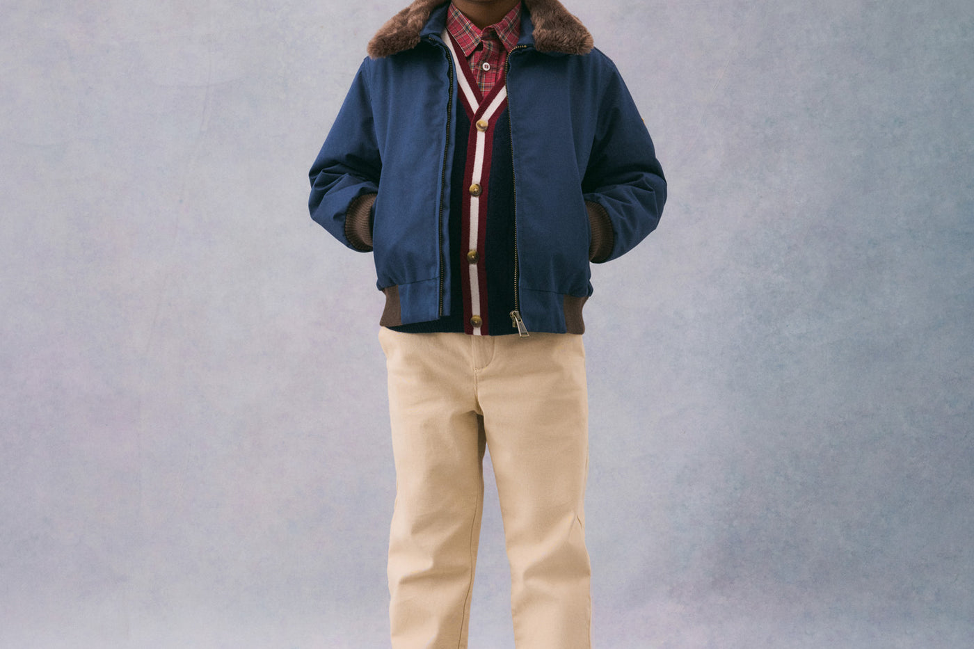 Winter 2024 boy's look blue collared bomber jacket