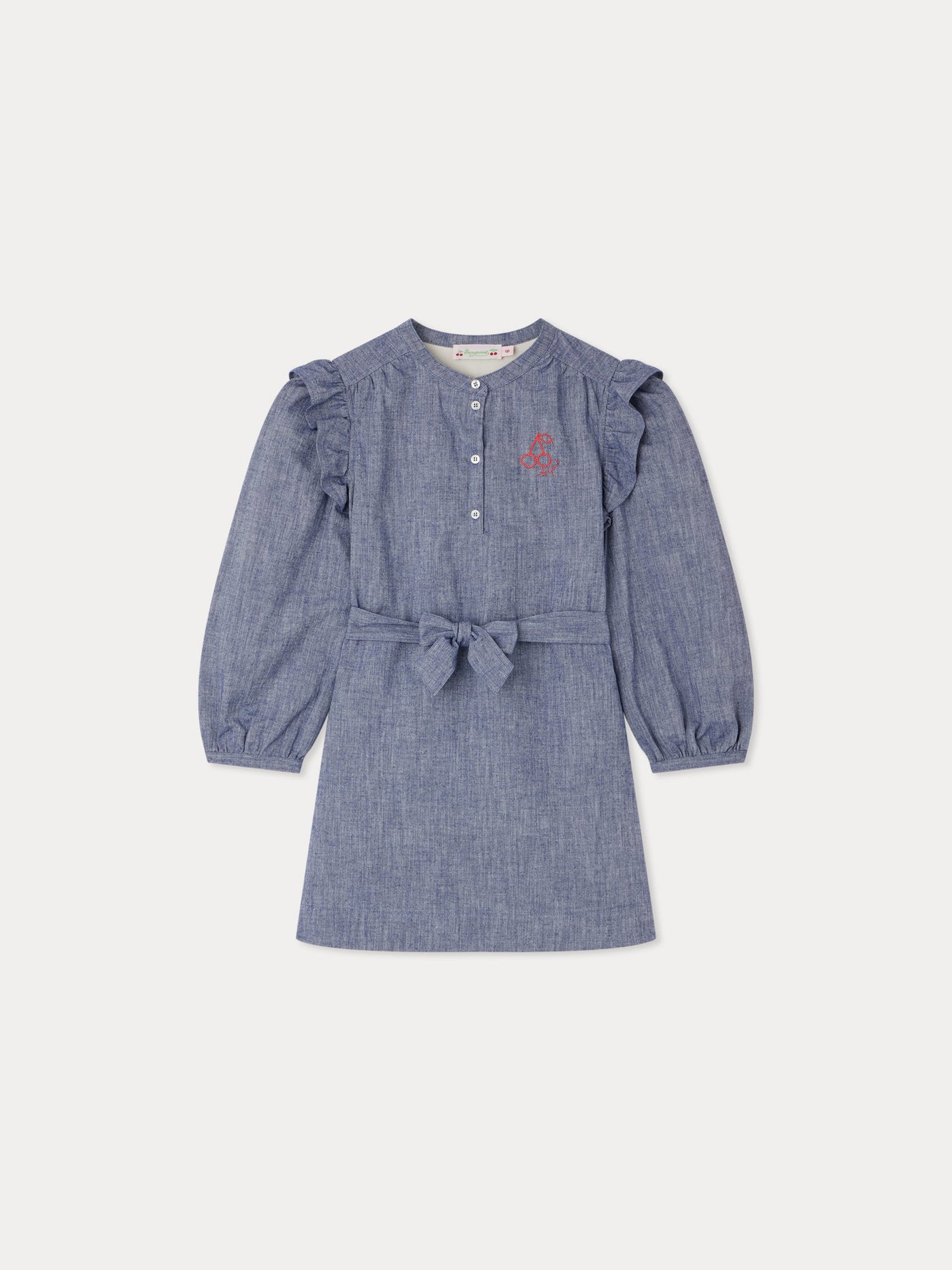 Tosca dress in chambray embroidered with cherries on chest