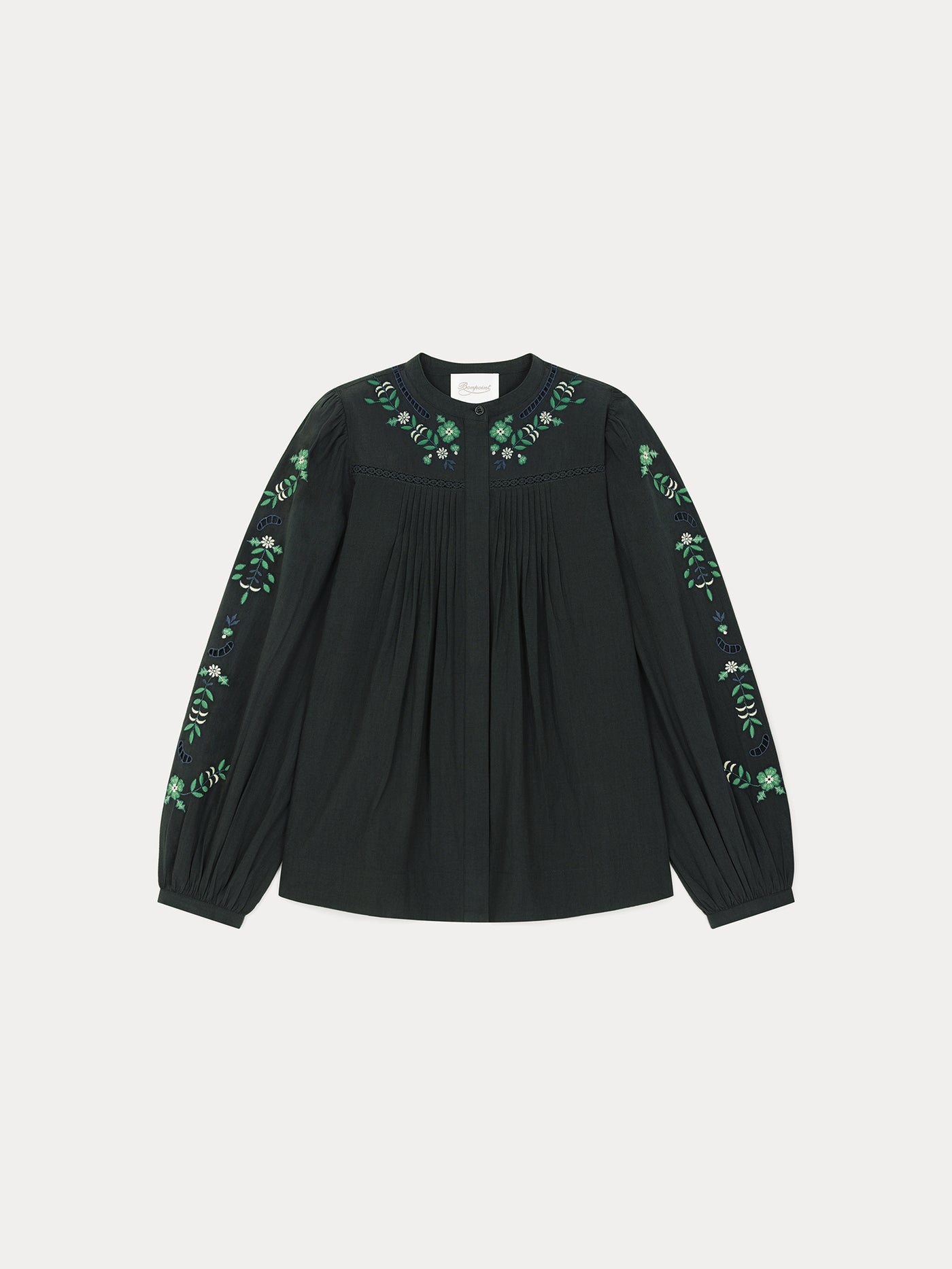 Cotton blouse with green and gray flower embroirdery