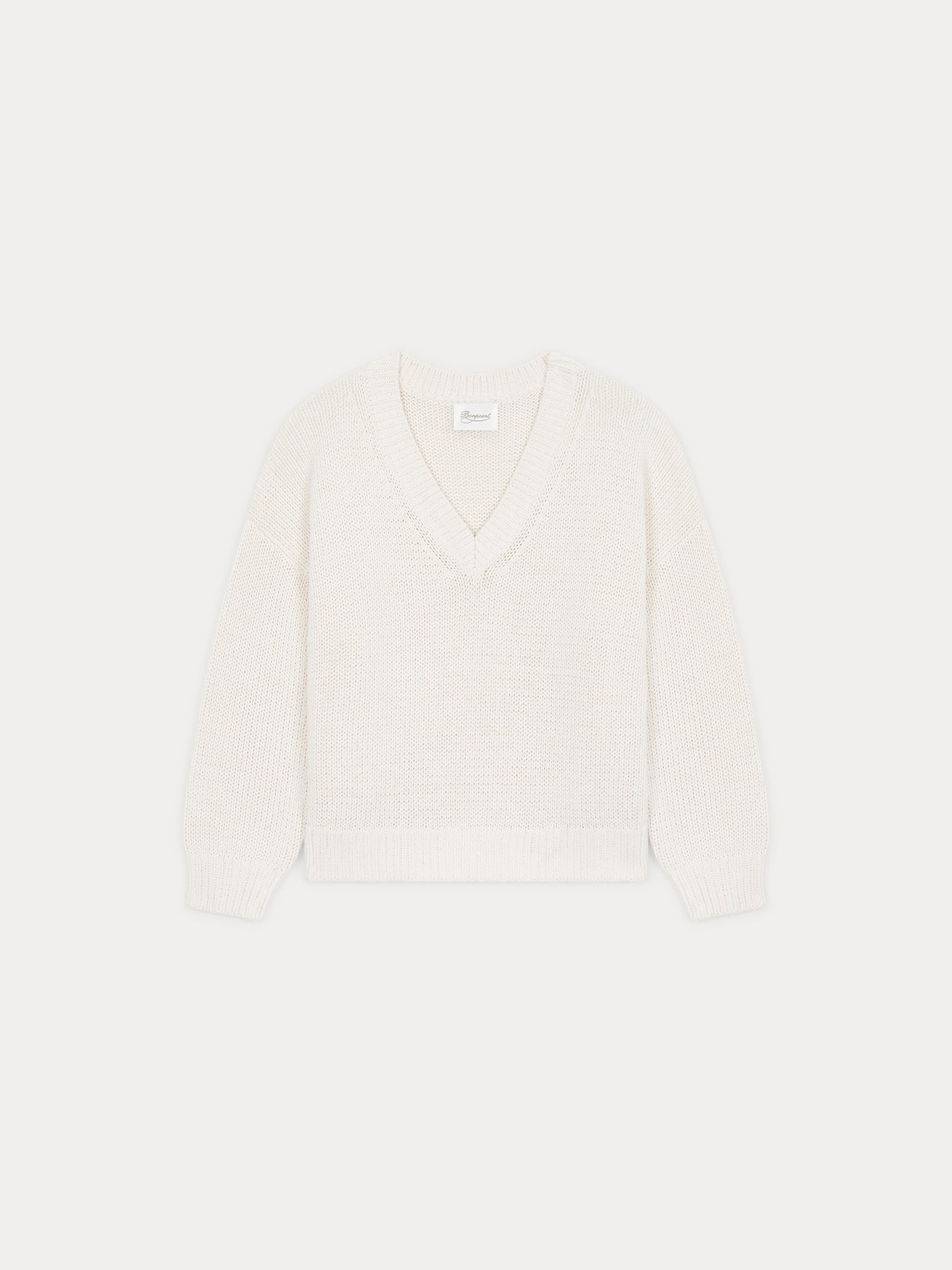White cotton v-neck chunky knit sweater